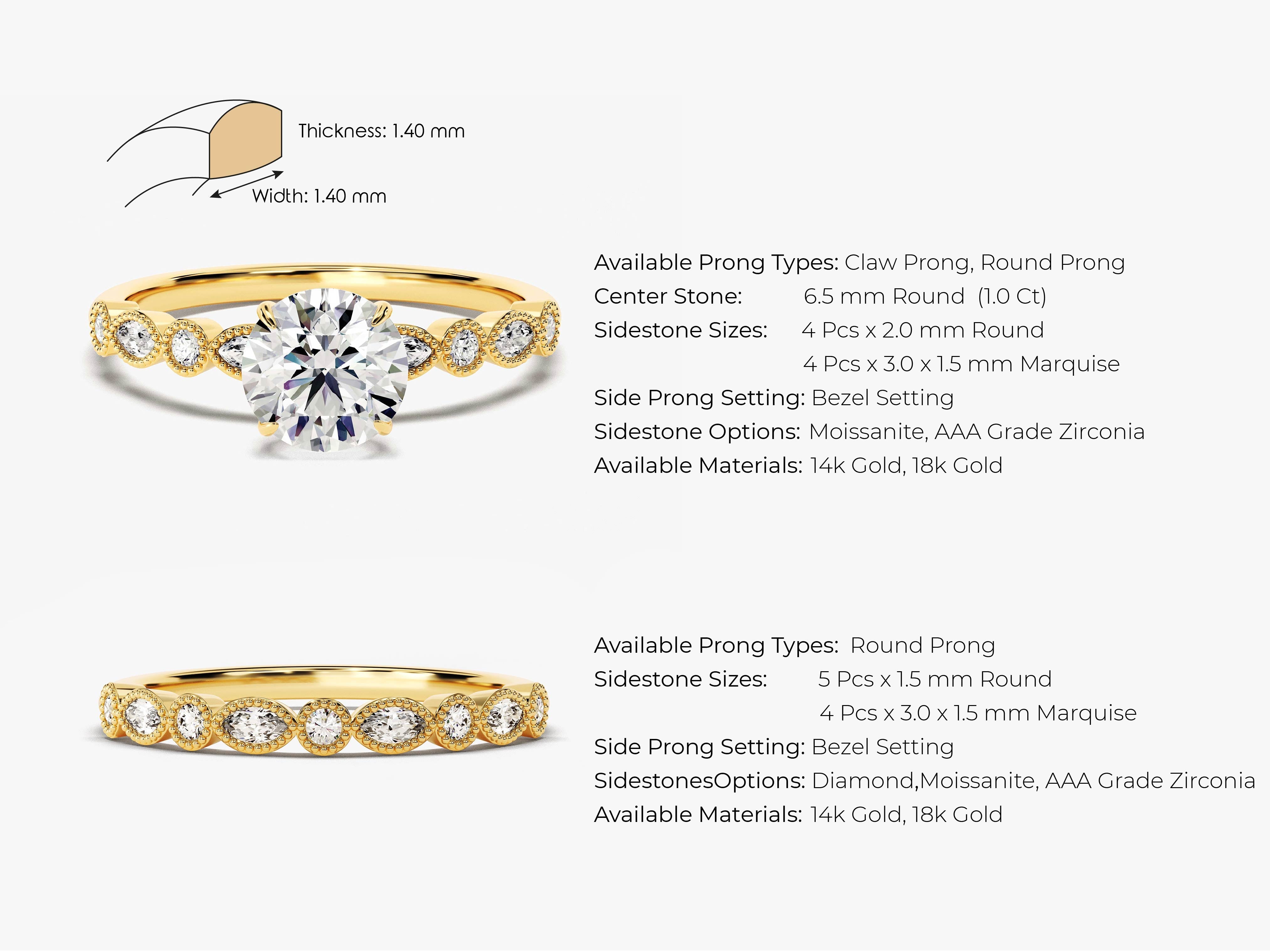 Gold ring with diamond and marquise side stones, 14k/18k gold