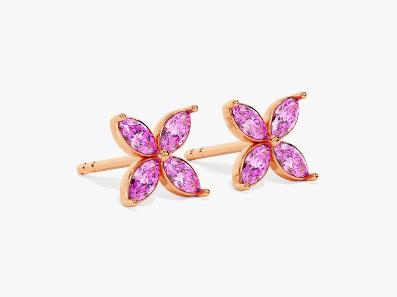 Marquise Clover Birthstone Stud Earrings in 14k Solid Gold