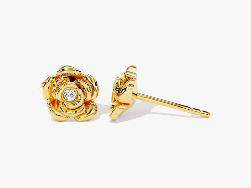 14k Gold Diamond Rose Stud Earrings