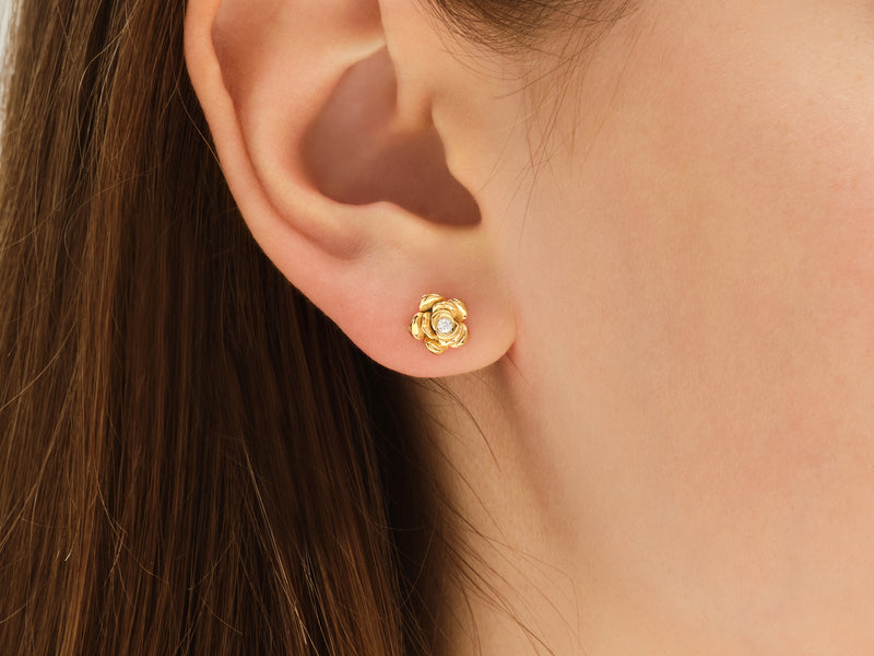 14k Gold Diamond Rose Stud Earrings