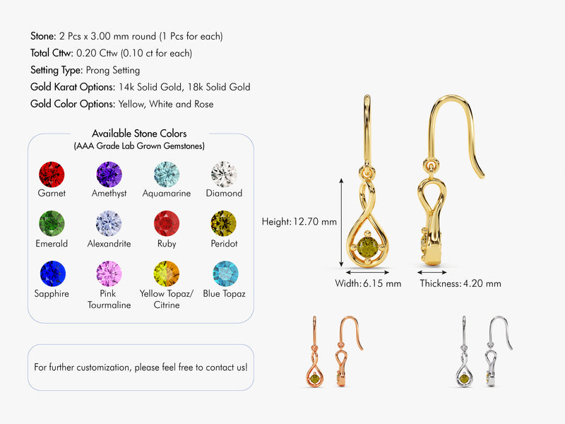 Infinity Birthstone Drop Earrings in 14k Solid Gold