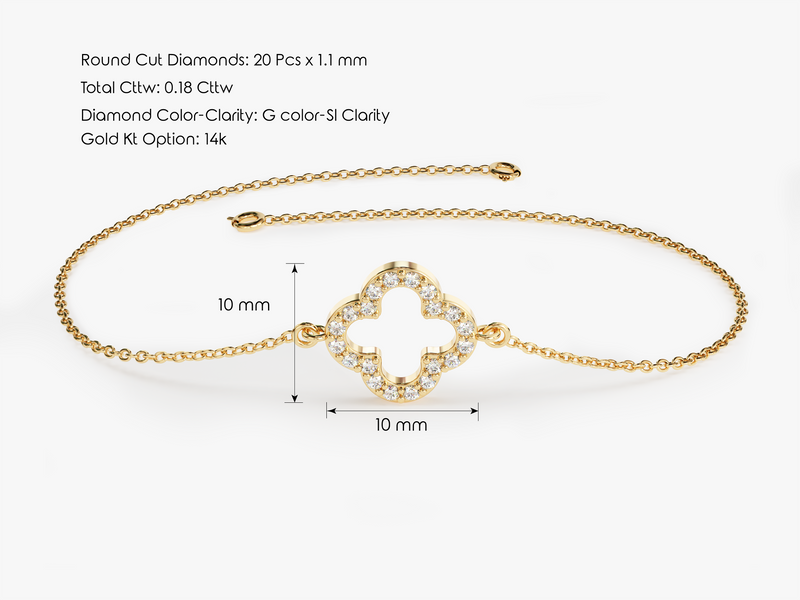Yellow, White, Rose, 5 Inches, 5.5 Inches, 6 Inches, 6.5 Inches, 7 Inches, 7.5 Inches, 8 Inches, Diamond Clover Bracelet in 14k Gold with Size Information