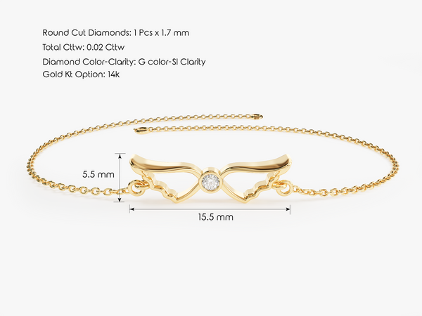 Yellow, White, Rose, 5 Inches, 5.5 Inches, 6 Inches, 6.5 Inches, 7 Inches, 7.5 Inches, 8 Inches, 14k Gold Diamond Angel Wings Bracelet with Size Information