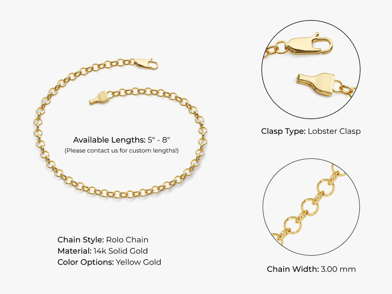 14k Yellow Gold 3.0mm Rolo Chain Bracelet