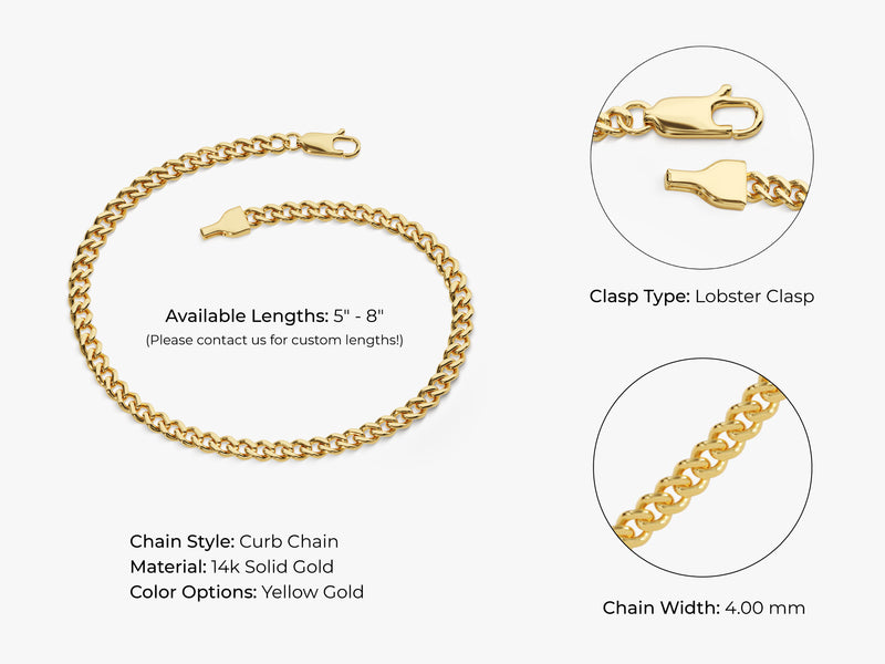 14k Yellow Gold 4.0mm Cuban Curb Chain Bracelet