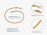 14k Yellow Gold 2.5mm Rope Chain Bracelet