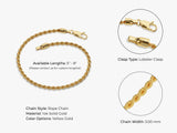 14k Yellow Gold 3.0mm Rope Chain Bracelet