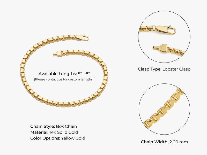 14k Yellow Gold 2.0mm Box Chain Bracelet