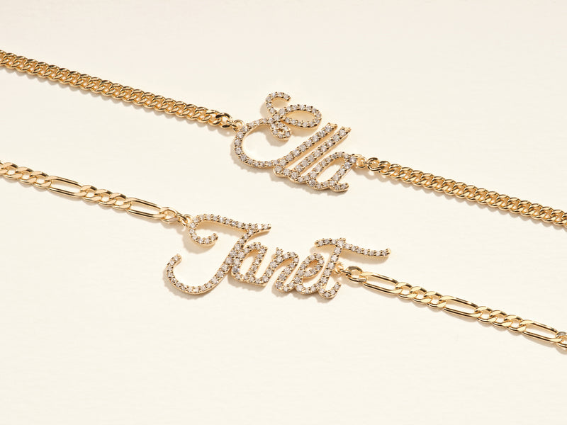 14k Solid Gold Figaro Chain Diamond Name Bracelet