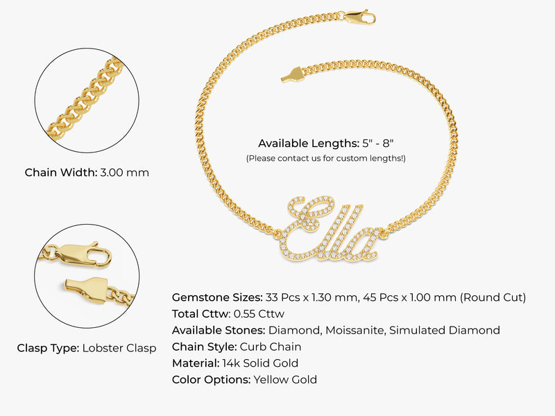 14k Solid Gold Cuban Chain Diamond Name Bracelet