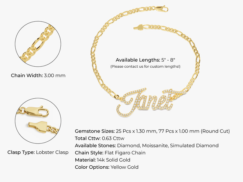 14k Solid Gold Figaro Chain Diamond Name Bracelet