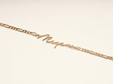 14k Solid Gold Figaro Chain Cursive Font Name Bracelet