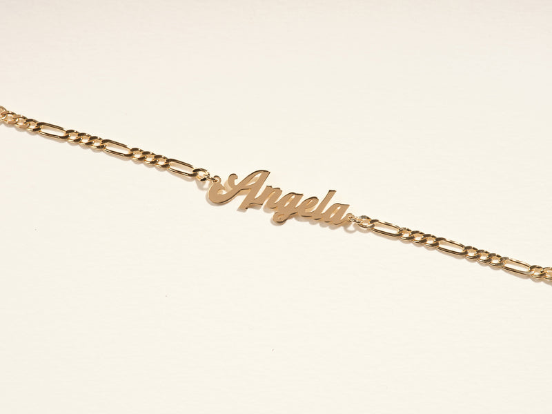 14k Solid Gold Figaro Chain Bold Name Bracelet