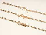 14k Solid Gold Figaro Old English Font Name Bracelet