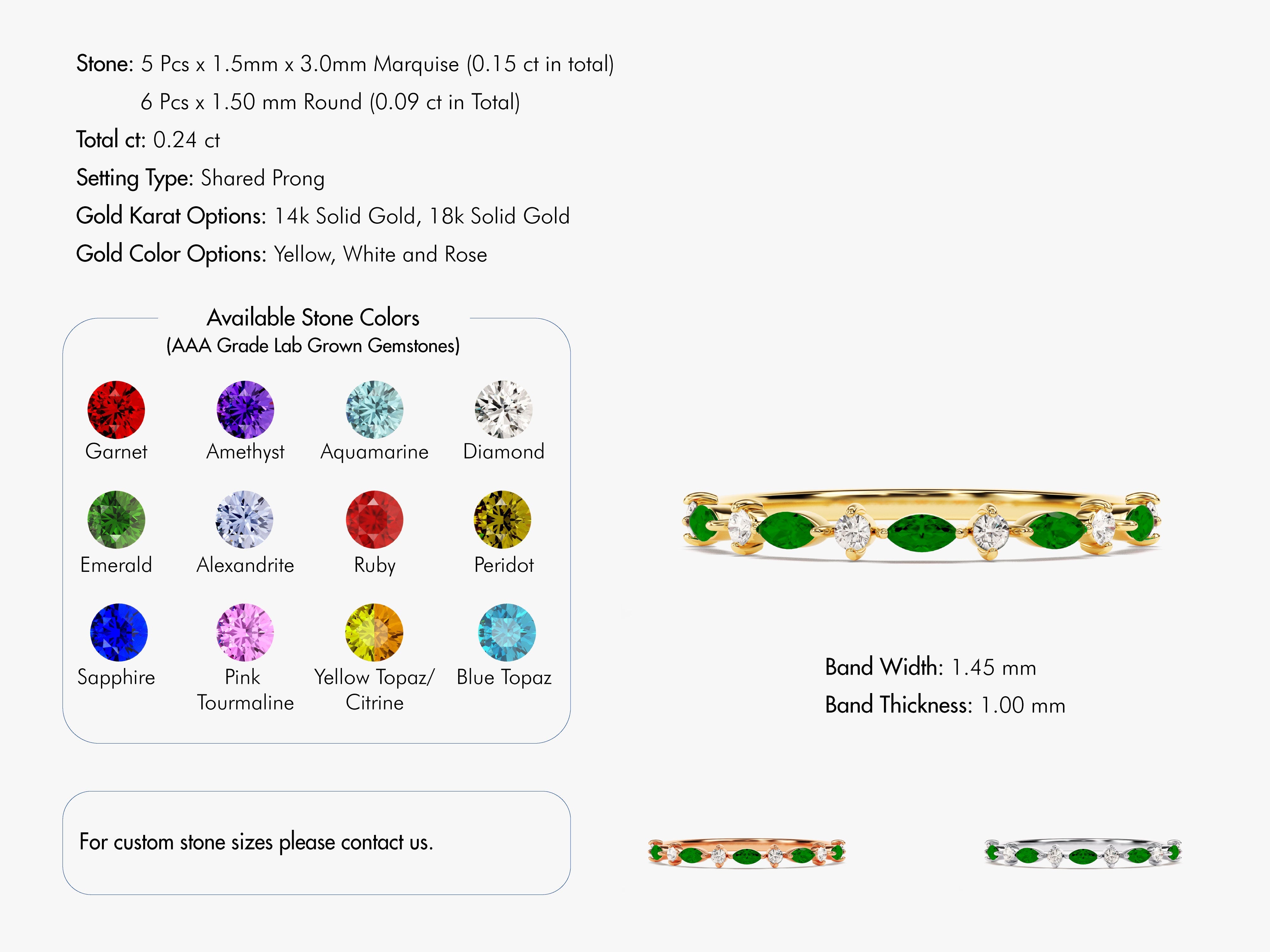 Alternating Marquise and Round Emerald Birthstone Ring in 14k Solid Gold