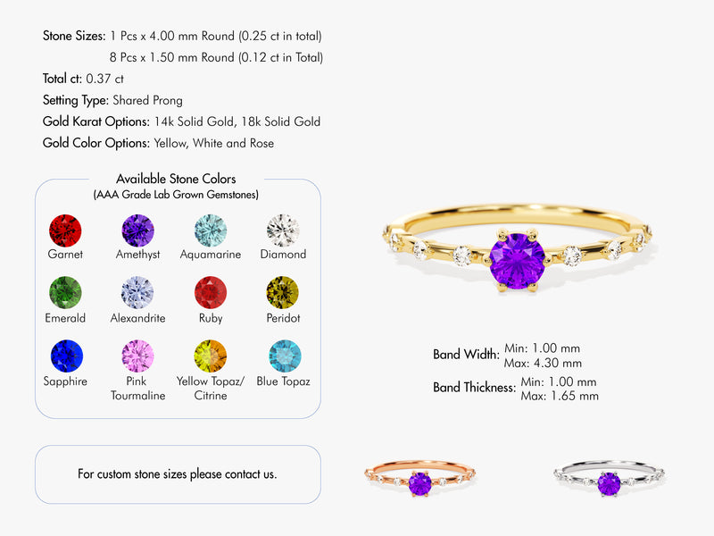 Round-Cut Side Stone Accent Birthstone Ring in 14k Solid Gold