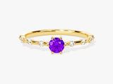 Round-Cut Side Stone Accent Birthstone Ring in 14k Solid Gold