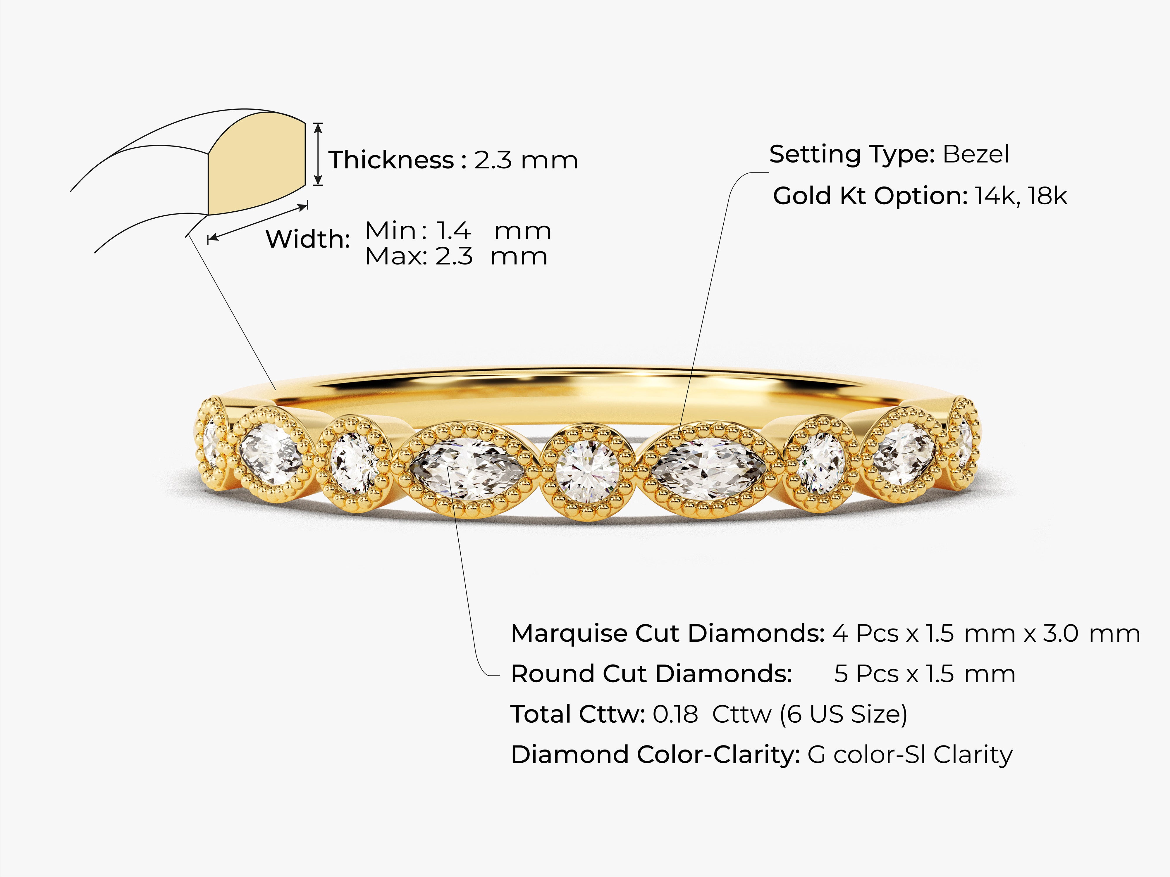 Bezel set diamond band ring, 14k/18k gold, 0.18 cttw