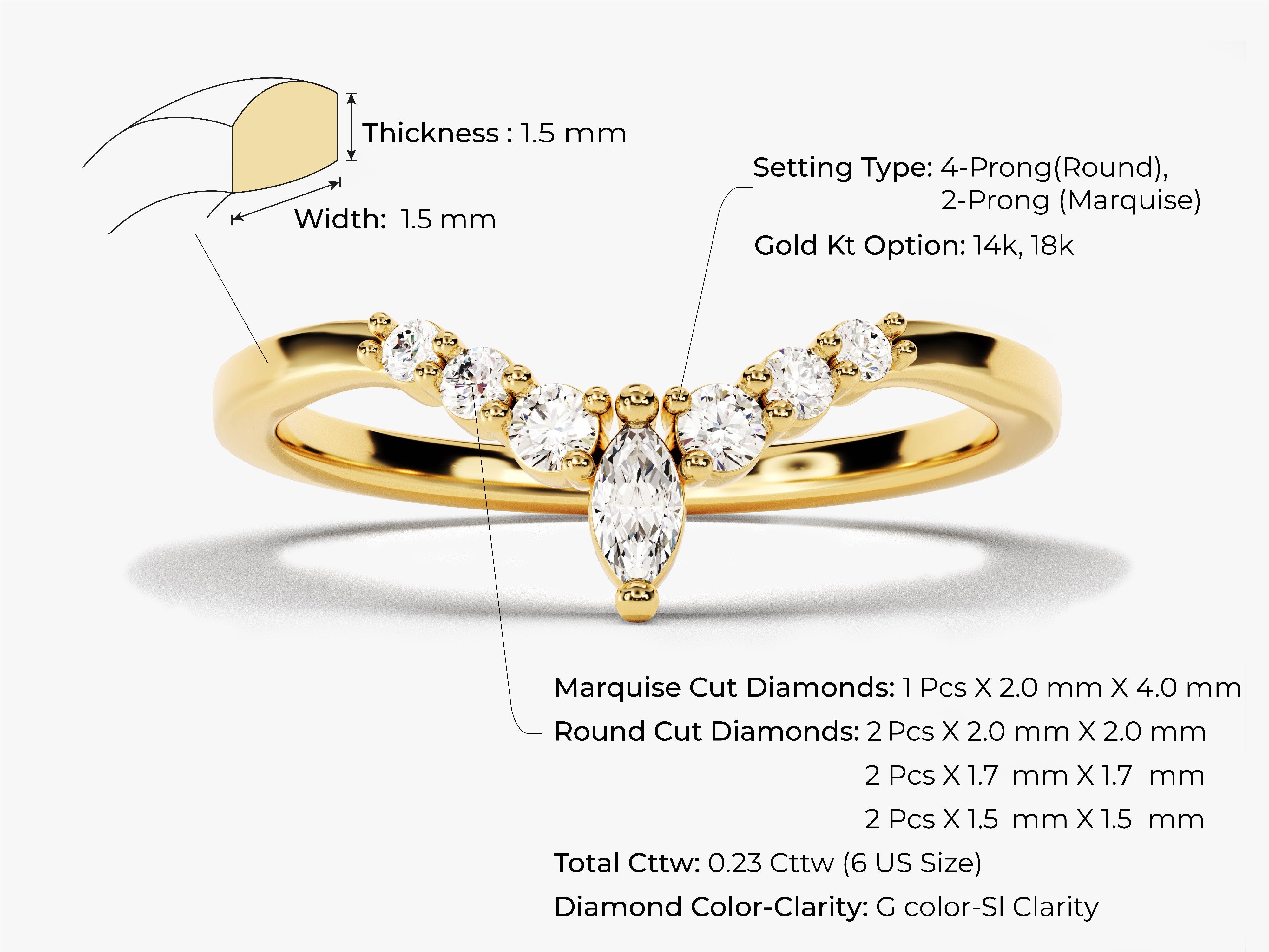 Gold marquise and round diamond ring, 14k/18k, 0.23 cttw