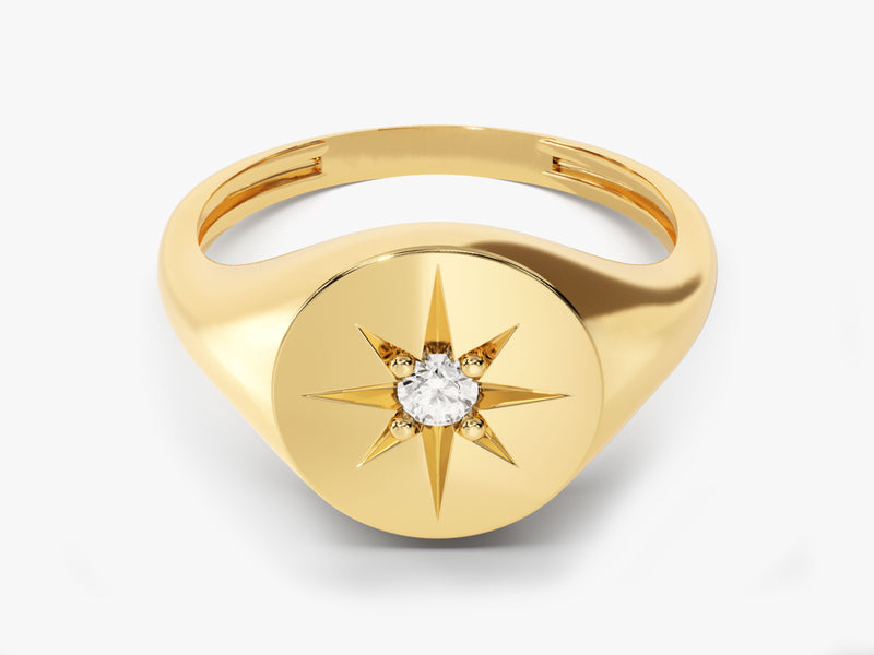 14k Solid Gold Diamond Star Signet Ring