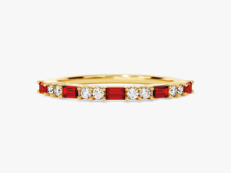 Baguette and Double Round Birthstone Ring in 14k Solid Gold