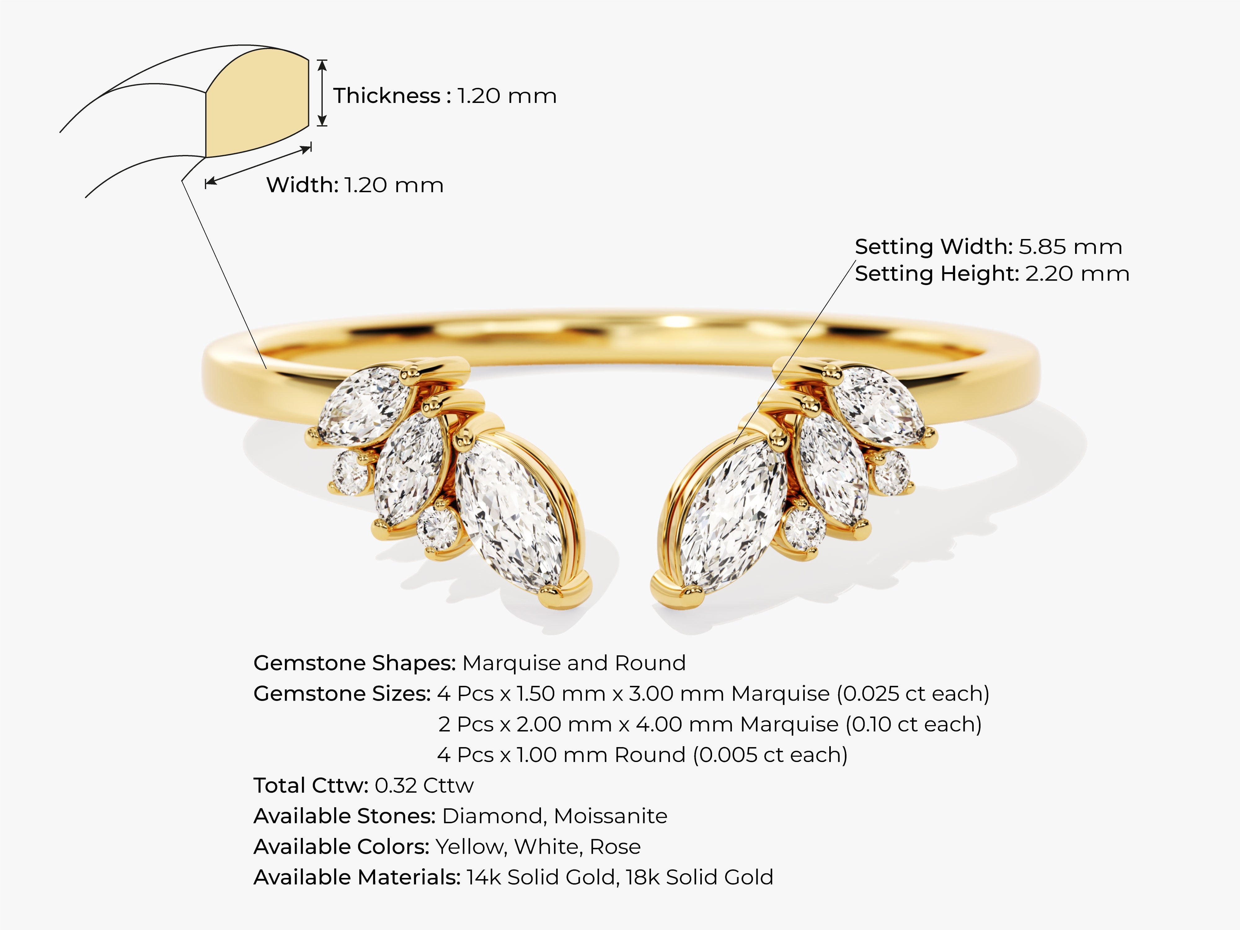 Gold ring with marquise and round diamonds, jewelry details