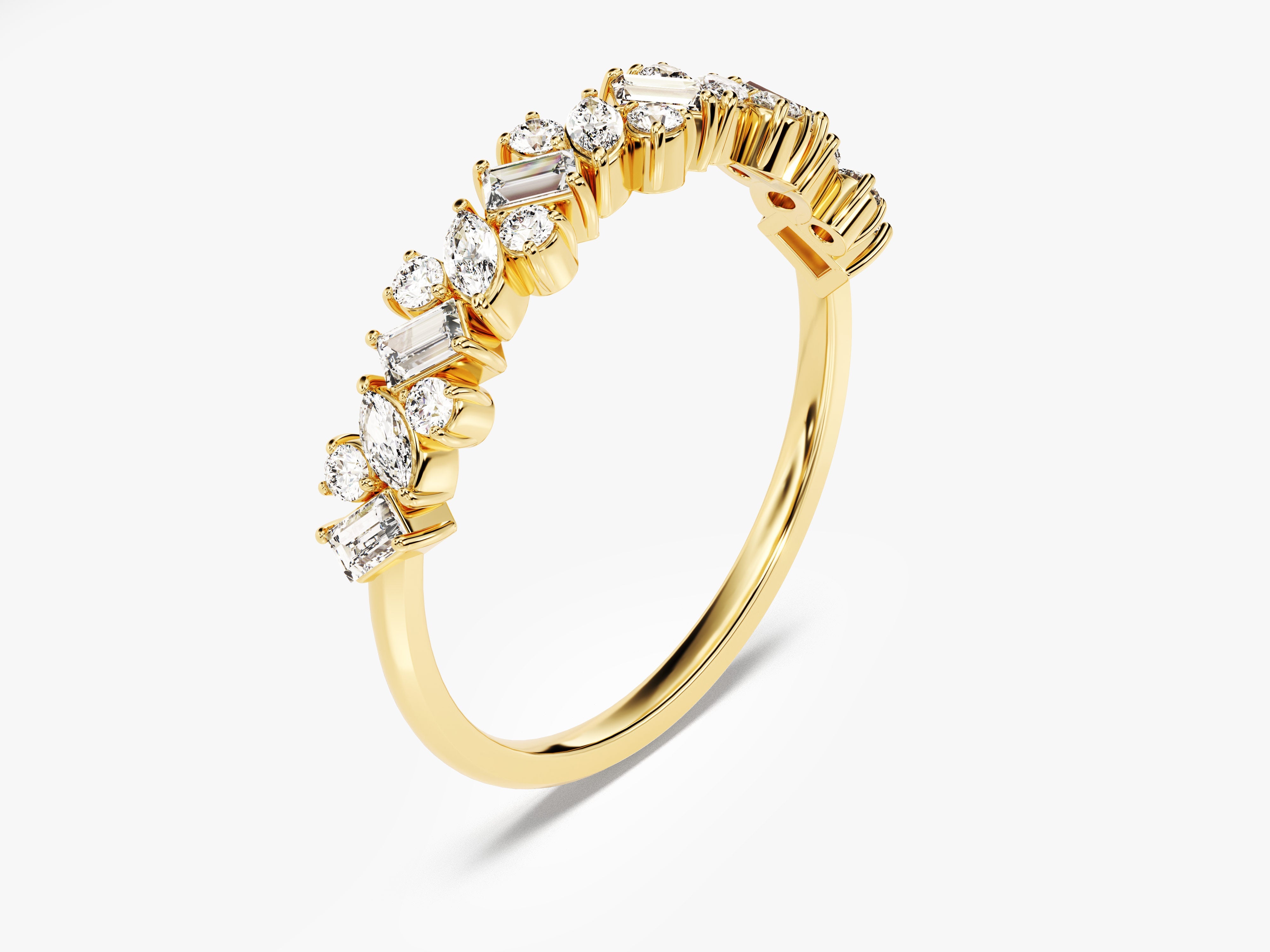 Gold ring with mixed cut diamonds, marquise and baguette, jewelry
