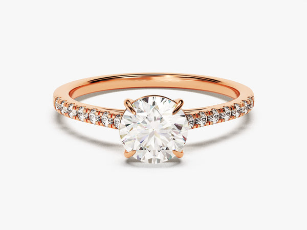 14k Gold, 18k Gold, Yellow, White, Rose, Rose Gold 1 Carat Cathedral Round Cut Moissanite Engagement Ring with Pave Set Sidestones
