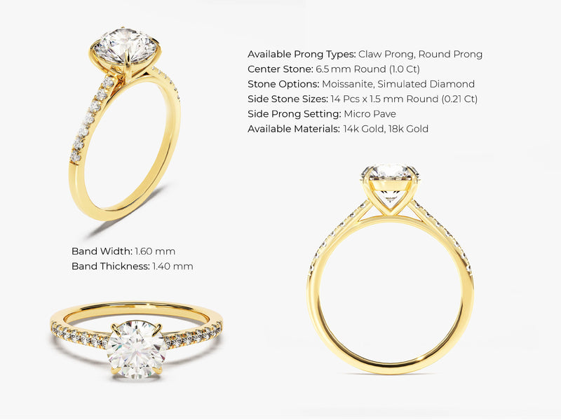 14k Gold, 18k Gold, Yellow, White, Rose, 1 Carat Cathedral Round Cut Moissanite Engagement Ring with Pave Set Sidestones with size and available options info