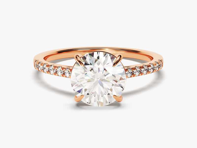 14k Gold, 18k Gold, Yellow, White, Rose, Rose Gold 2 Carat Cathedral Round Cut Moissanite Engagement Ring with Pave Set Sidestones