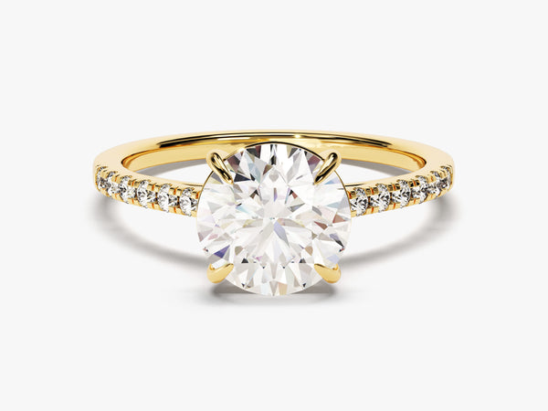 14k Gold, 18k Gold, Yellow, White, Rose, Yellow Gold 2 Carat Cathedral Round Cut Moissanite Engagement Ring with Pave Set Sidestones