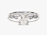 Round Cut Lab Grown Diamond Engagement Ring with Milgrain Accented Double Round Sidestones (1.00 CT)