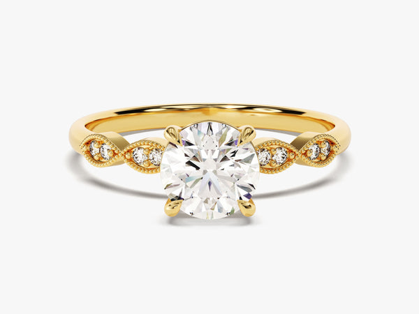 Round Cut Lab Grown Diamond Engagement Ring with Milgrain Accented Double Round Sidestones (1.00 CT)