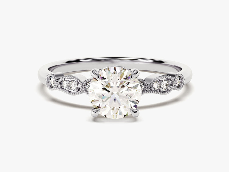 Round Cut Lab Grown Diamond Engagement Ring with Wave Sidestones (1.00 CT)