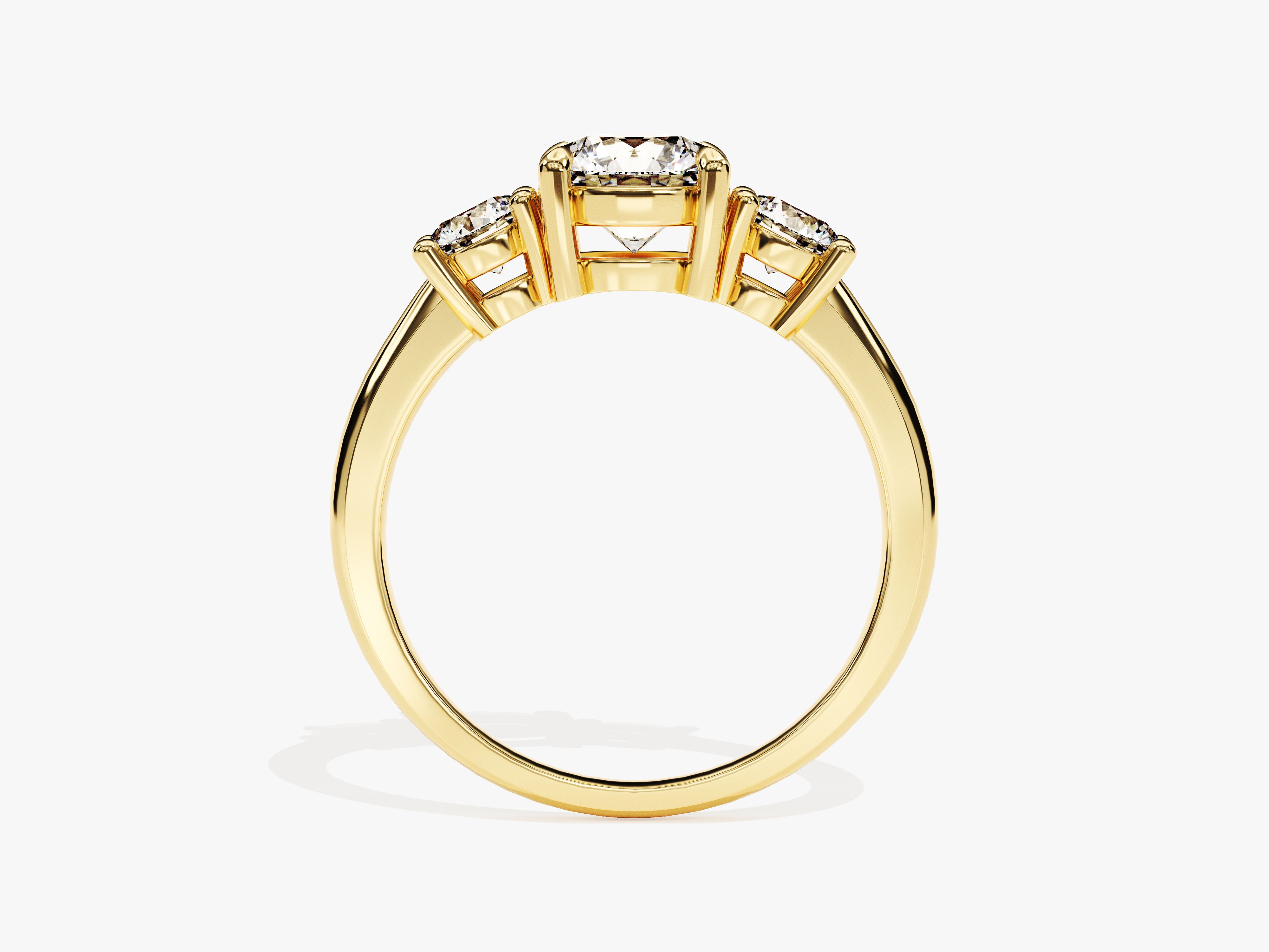 Gold three-stone diamond engagement ring for jewelry