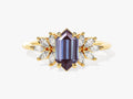 Long Hexagon Lab Alexandrite Engagement Ring with Moissanite Sidestones