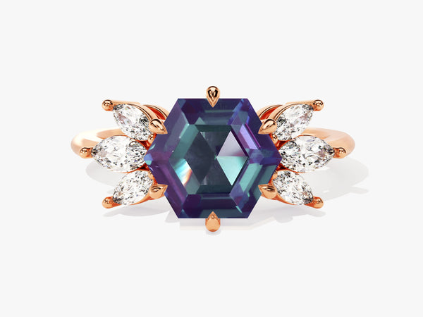 Hexagonal alexandrite ring with marquise diamonds, rose gold jewelry