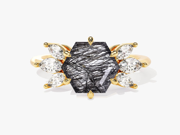 Hexagon Black Rutilated Quartz Engagement Ring with Moissanite Sidestones