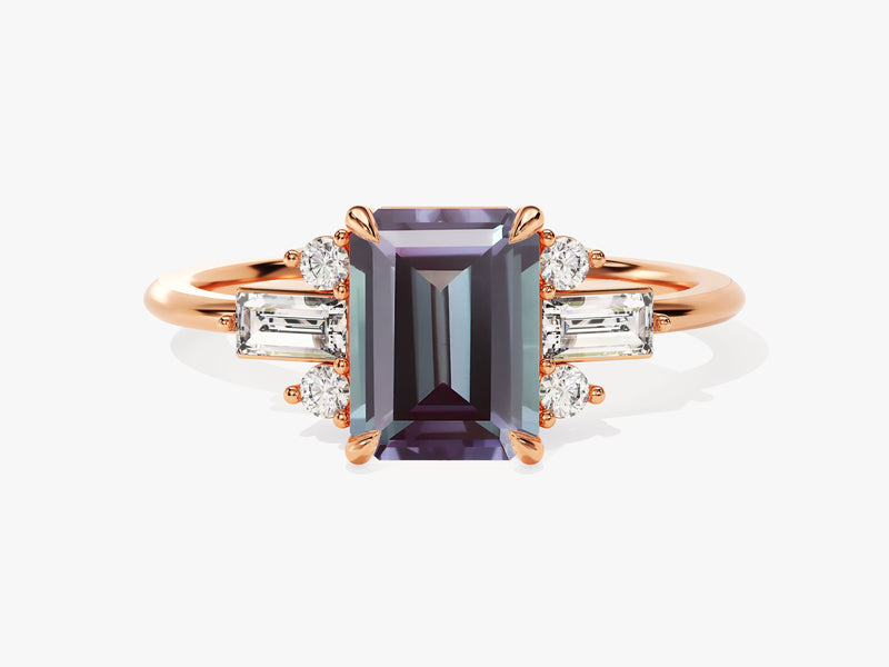 Emerald Cut Lab Alexandrite Engagement Ring with Moissanite Sidestones