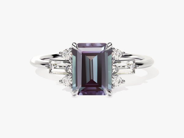 Emerald cut alexandrite ring with diamond accents