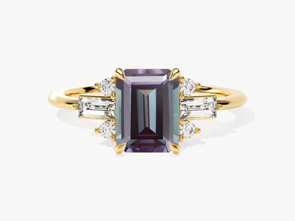 Emerald Cut Lab Alexandrite Engagement Ring with Moissanite Sidestones