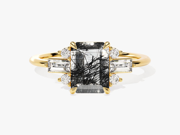 Emerald Cut Black Rutilated Quartz Engagement Ring with Moissanite Sidestones