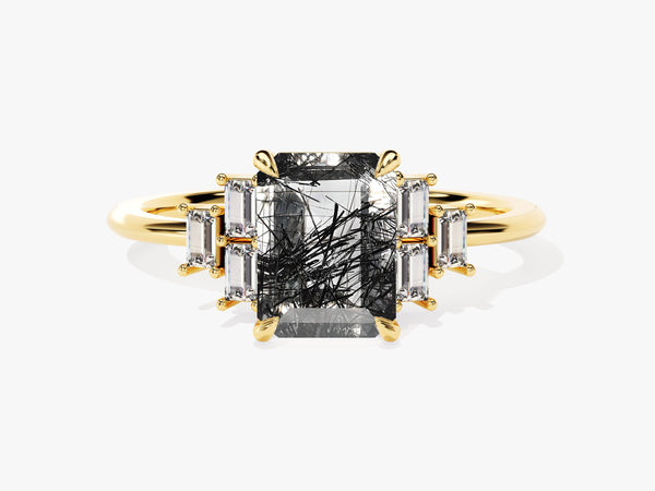 Emerald Cut Black Rutilated Quartz Engagement Ring with Baguette Moissanite Sidestones