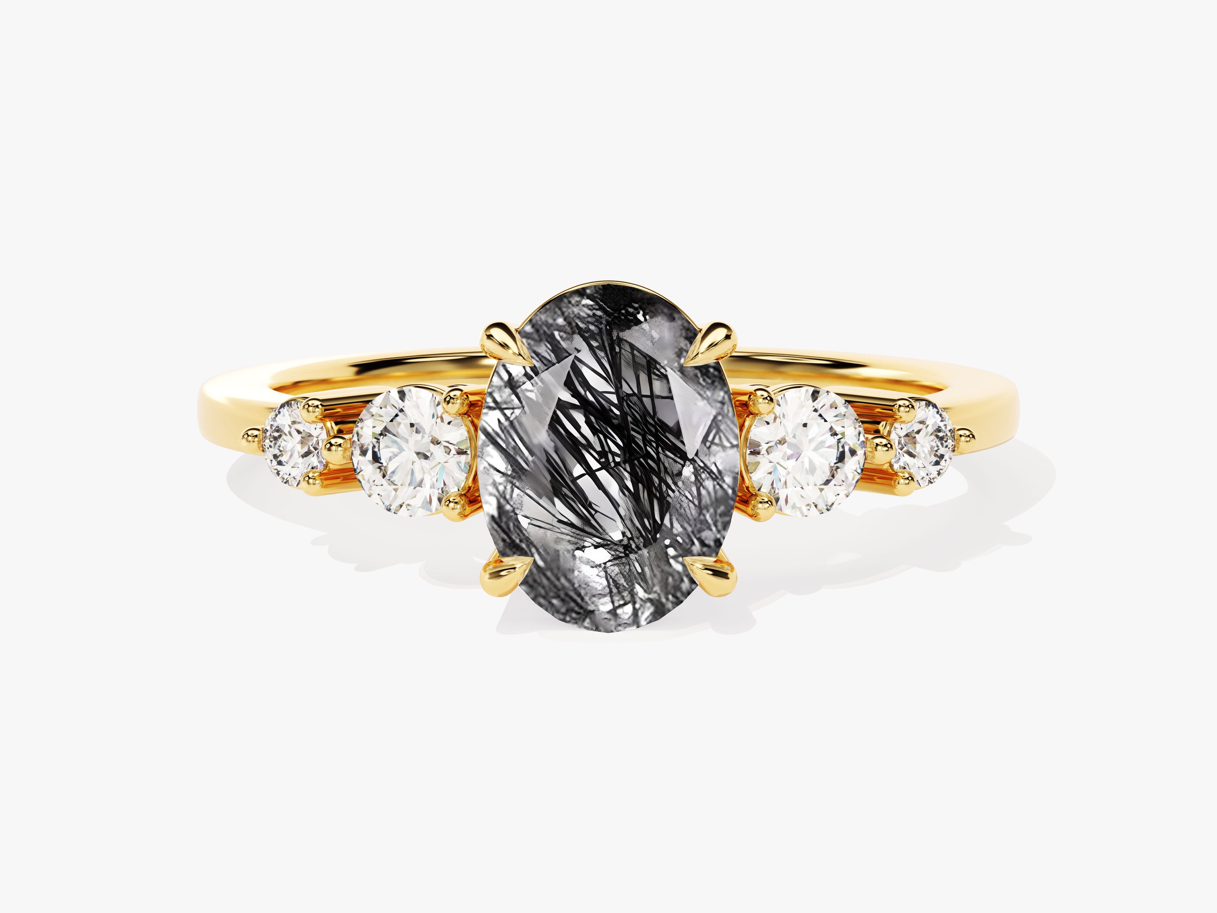 Gold ring with oval rutilated quartz and diamonds