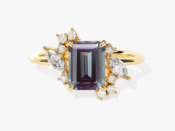 Emerald Cut Lab Alexandrite Engagement Ring with Marquise and Round Moissanite Sidestones