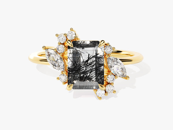 Emerald Cut Black Rutilated Quartz Engagement Ring with Marquise and Round Moissanite Sidestones