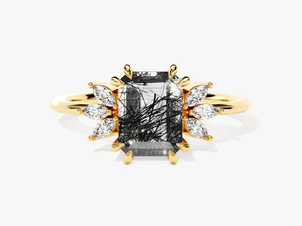 Emerald Cut Black Rutilated Quartz Engagement Ring with Marquise Moissanite Sidestones