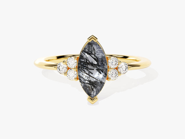 Marquise Black Rutilated Quartz Engagement Ring with Moissanite Sidestones