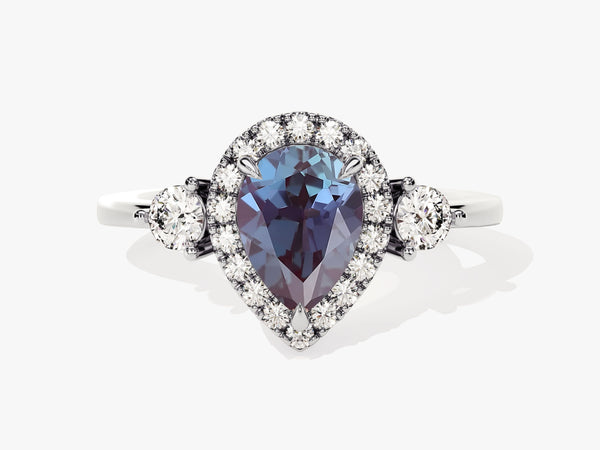 Pear Halo Lab Alexandrite Engagement Ring with Moissanite Sidestones