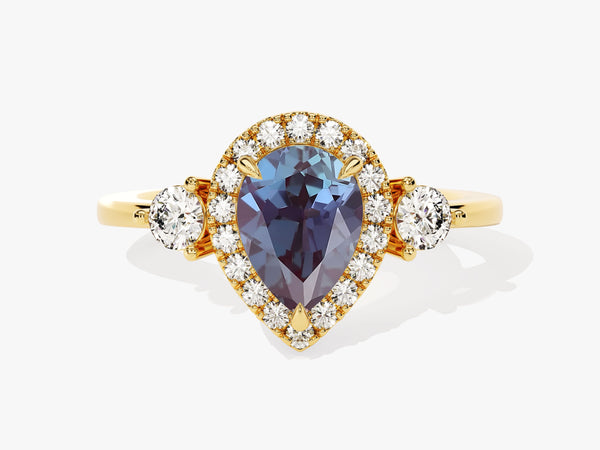 Pear Halo Lab Alexandrite Engagement Ring with Moissanite Sidestones